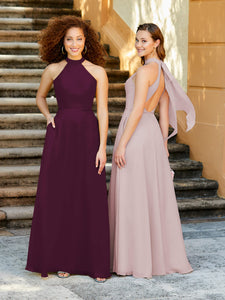 High Neck Chiffon Halter Gown With Pockets In Sangria