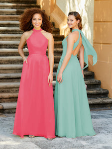 High Neck Chiffon Halter Gown With Pockets In Aqua
