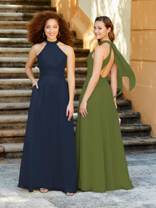 High Neck Chiffon Halter Gown With Pockets In Artichoke