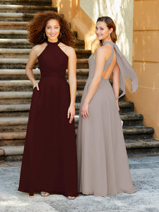 High Neck Chiffon Halter Gown With Pockets In Mahogany