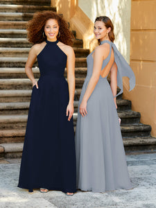 High Neck Chiffon Halter Gown With Pockets In Misty Blue