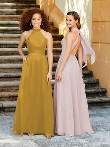 High Neck Chiffon Halter Gown With Pockets In Morganite