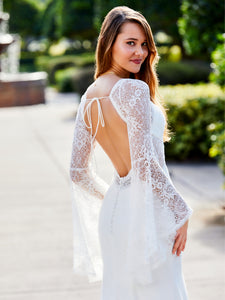 Lace And Crepe Bell Sleeve Gown In Ivory Nude