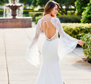 Lace And Crepe Bell Sleeve Gown In Ivory
