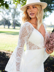 Lace And Crepe Bell Sleeve Gown In Ivory