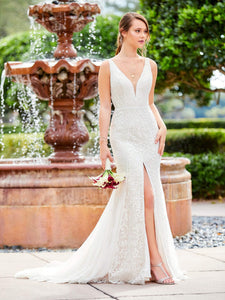 Lace And Tulle V-Neck Fit-And-Flare Gown In Ivory Almond Nude