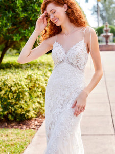 Patterned Lace And Tulle Fit-And-Flare Gown In Ivory Almond Nude
