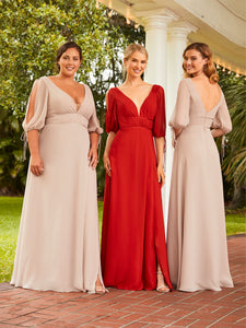 Banded Waist Chiffon Gown In Red