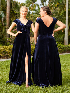 Ruched Velvet Gown In Navy