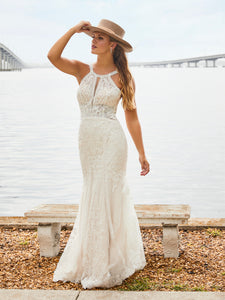 Lace Halter Gown In Ivory Almond Nude