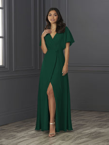 Chiffon A-Line Gown With Flutter Sleeves In Emerald Green