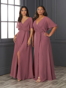 Chiffon A-Line Gown With Flutter Sleeves In Romance