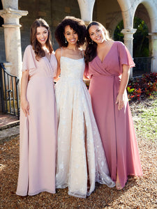 Chiffon A-Line Gown With Flutter Sleeves In Frost Rose