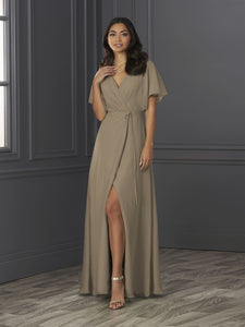 Chiffon A-Line Gown With Flutter Sleeves In Truffle