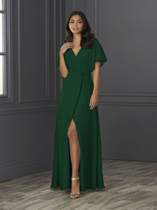 Chiffon A-Line Gown With Flutter Sleeves In Hunter Green