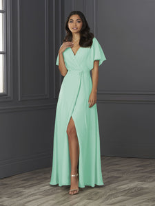 Chiffon A-Line Gown With Flutter Sleeves In Aqua
