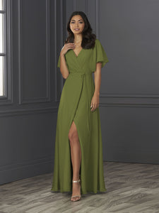Chiffon A-Line Gown With Flutter Sleeves In Artichoke