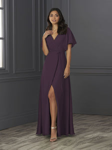 Chiffon A-Line Gown With Flutter Sleeves In Aubergine