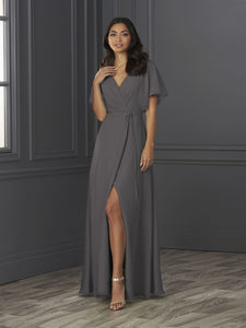 Chiffon A-Line Gown With Flutter Sleeves In Charcoal