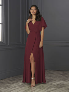 Chiffon A-Line Gown With Flutter Sleeves In Claret