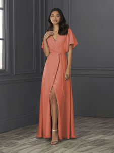Chiffon A-Line Gown With Flutter Sleeves In Coral