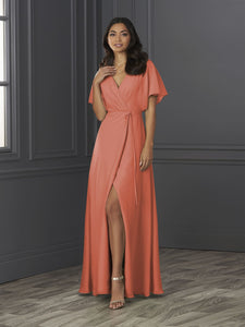 Chiffon A-Line Gown With Flutter Sleeves In Coral
