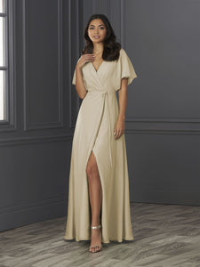 Chiffon A-Line Gown With Flutter Sleeves In Latte