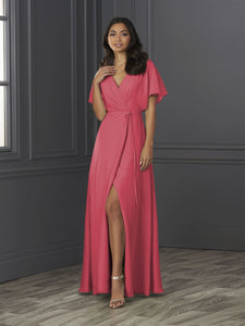 Chiffon A-Line Gown With Flutter Sleeves In Lipstick