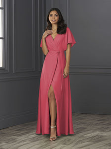 Chiffon A-Line Gown With Flutter Sleeves In Lipstick