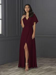 Chiffon A-Line Gown With Flutter Sleeves In Mahogany