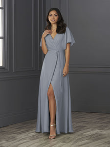 Chiffon A-Line Gown With Flutter Sleeves In Misty Blue
