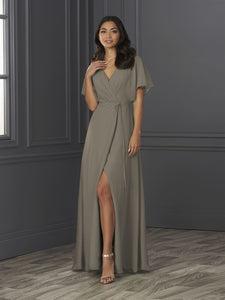 Chiffon A-Line Gown With Flutter Sleeves In Mink