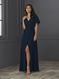 Chiffon A-Line Gown With Flutter Sleeves In Navy