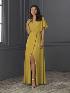 Chiffon A-Line Gown With Flutter Sleeves In Ochre
