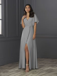 Chiffon A-Line Gown With Flutter Sleeves In Platinum