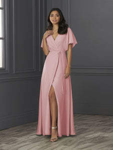 Chiffon A-Line Gown With Flutter Sleeves In Prima Pink