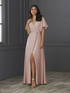 Chiffon A-Line Gown With Flutter Sleeves In Rose