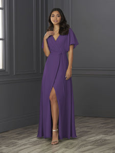 Chiffon A-Line Gown With Flutter Sleeves In Royal Purple