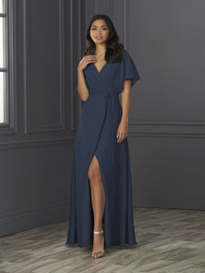 Chiffon A-Line Gown With Flutter Sleeves In Sapphire