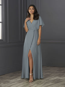 Chiffon A-Line Gown With Flutter Sleeves In Slate
