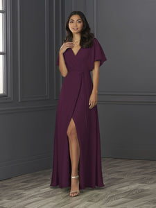 Chiffon A-Line Gown With Flutter Sleeves In Sangria