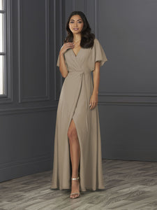 Chiffon A-Line Gown With Flutter Sleeves In Taupe