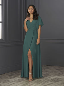 Chiffon A-Line Gown With Flutter Sleeves In Teal