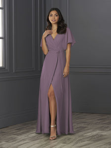 Chiffon A-Line Gown With Flutter Sleeves In Wisteria