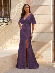 Sequined V-Neck Gown In Aubergine