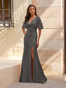 Sequined V-Neck Gown In Charcoal Matte
