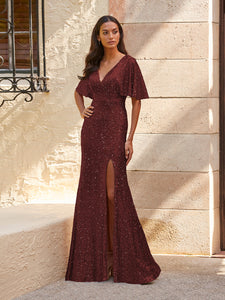 Sequined V-Neck Gown In Claret