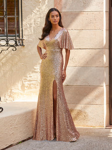 Sequined V-Neck Gown In Gold Shiny