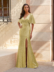 Sequined V-Neck Gown In Gold Matte