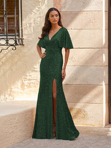 Sequined V-Neck Gown In Hunter Green Matte